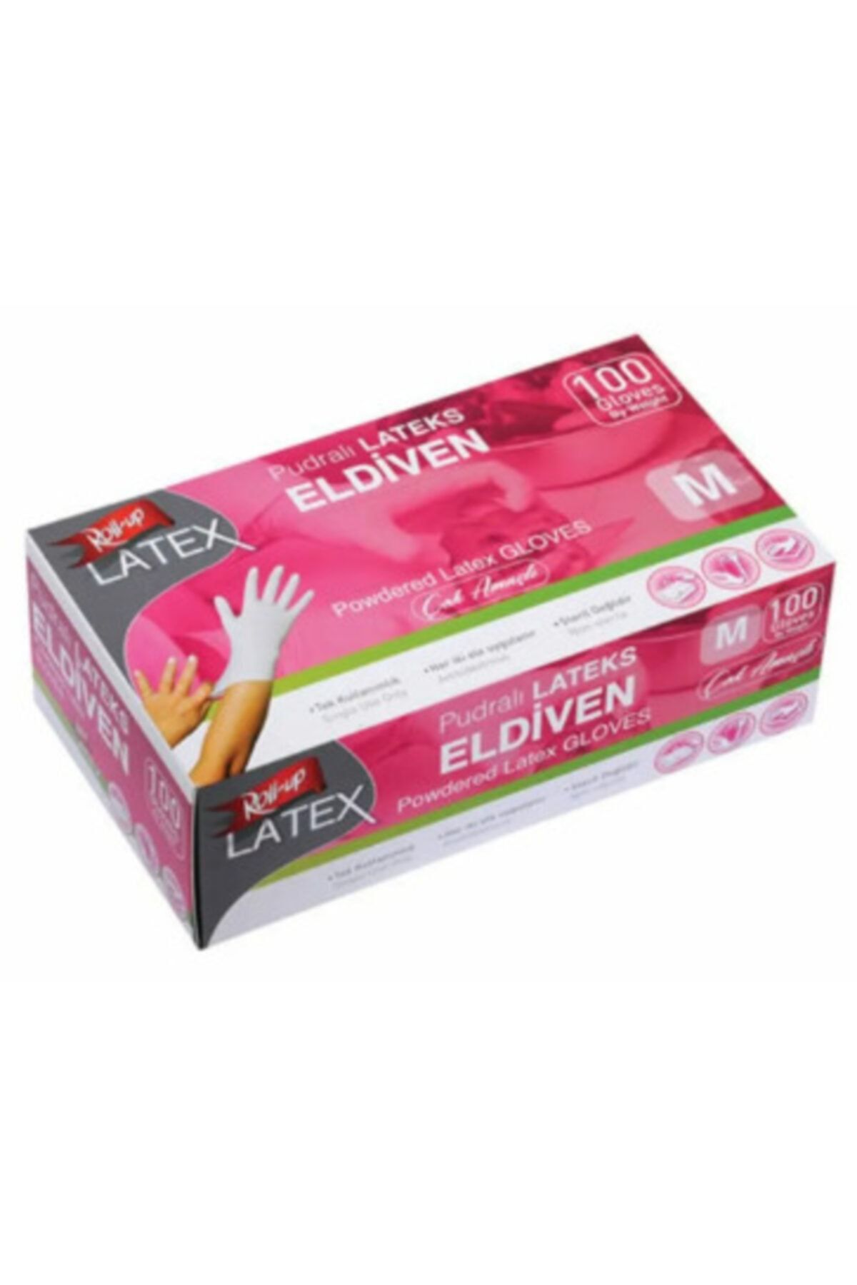 RollUp 100 AdetLatex  Eldiven M Beden Dmk Pudralı Lateks Eldiven