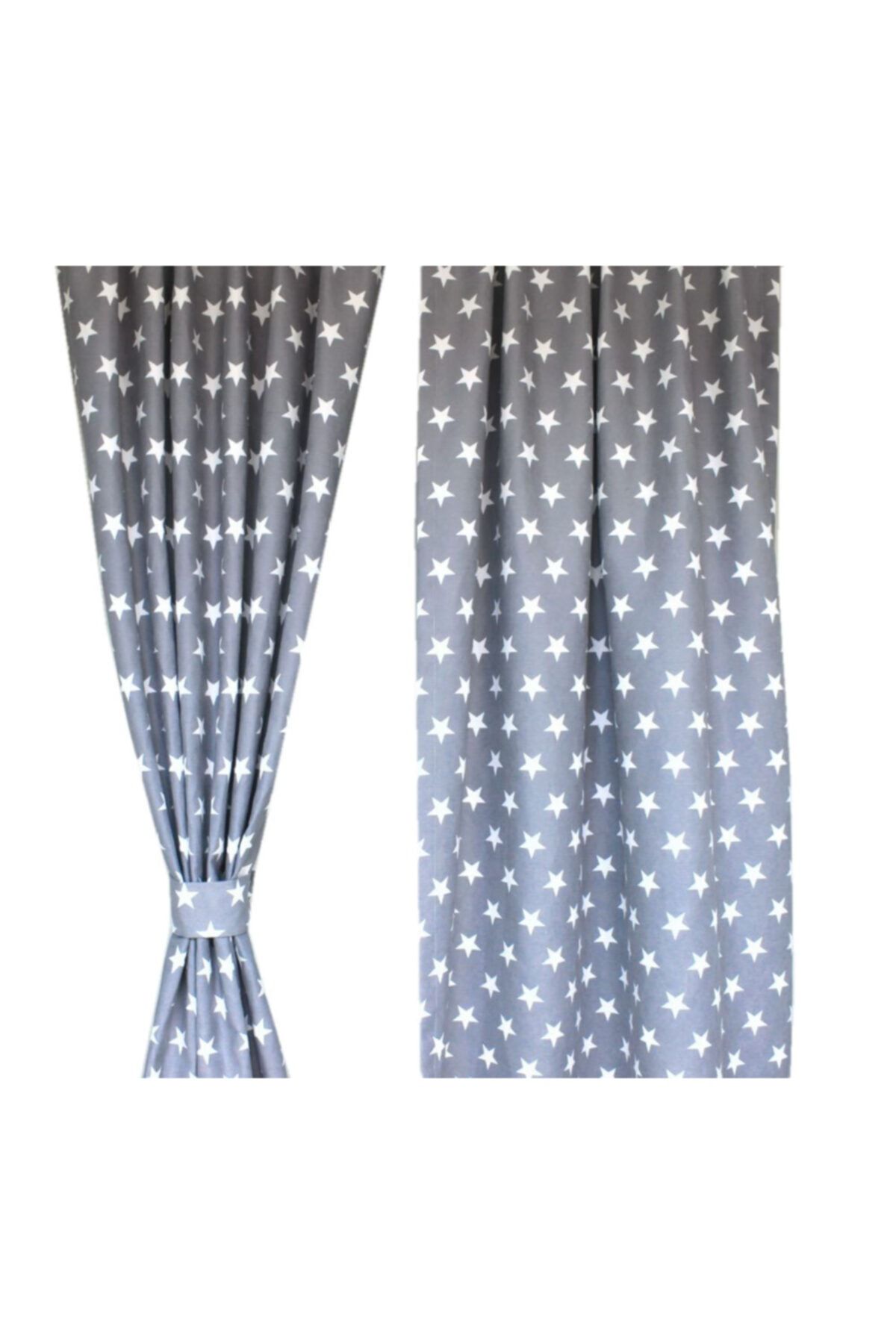 Zeren Home Gri Zemin Beyaz Yıldızlar Çocuk Odası Fon Perde (2 Kanat) 50 X 250