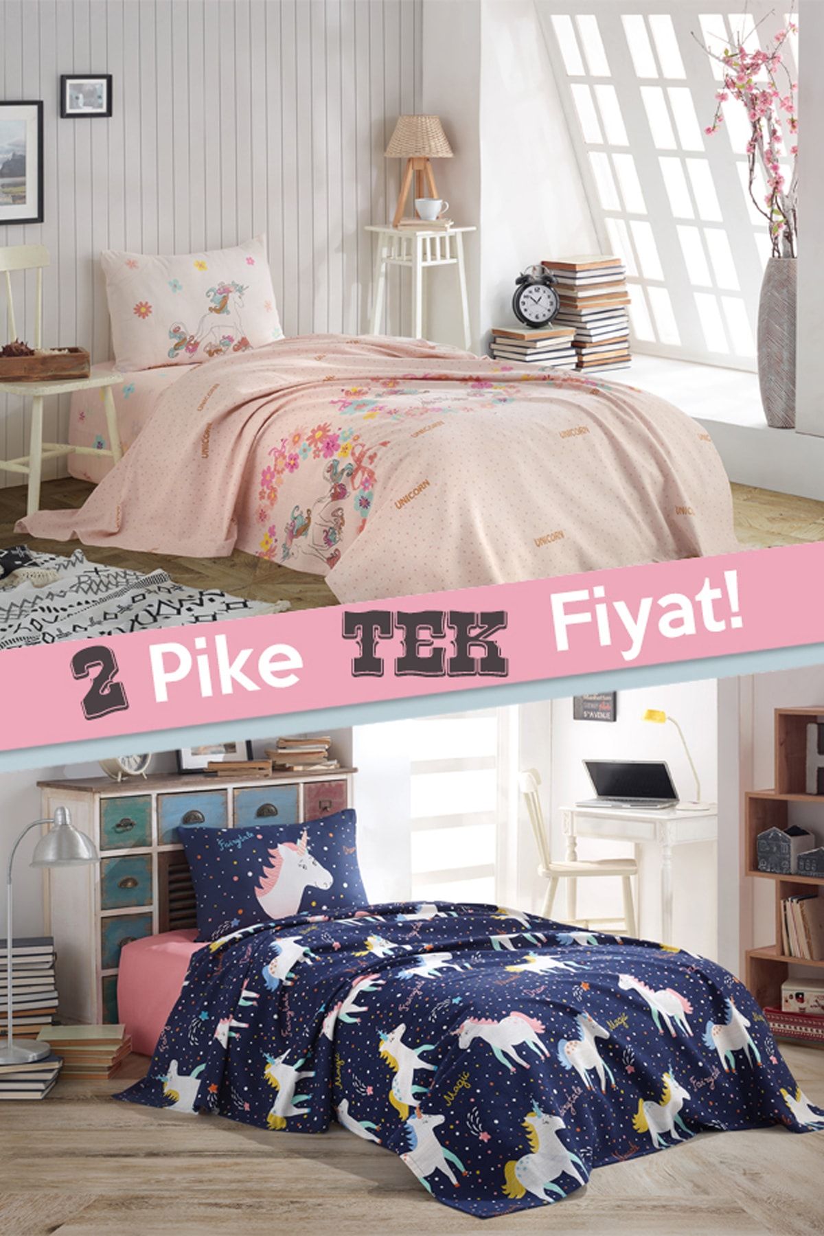 Ev & Ev Home 2li Pike Tek Kişilik Unicornlar + MagicUnicorn