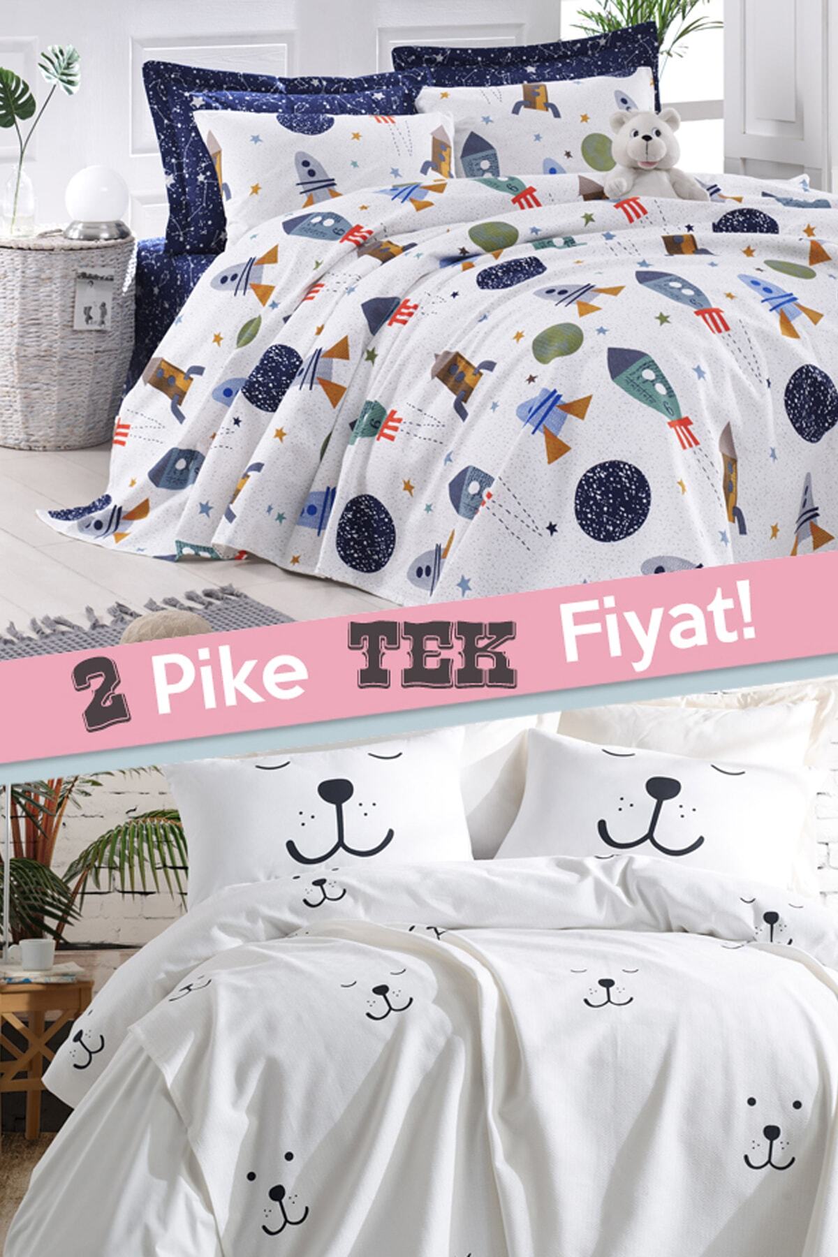 Enlora Home %100 Doğal Pamuk 2li Pike Örtü Tek Kişilik Spacex + Eles