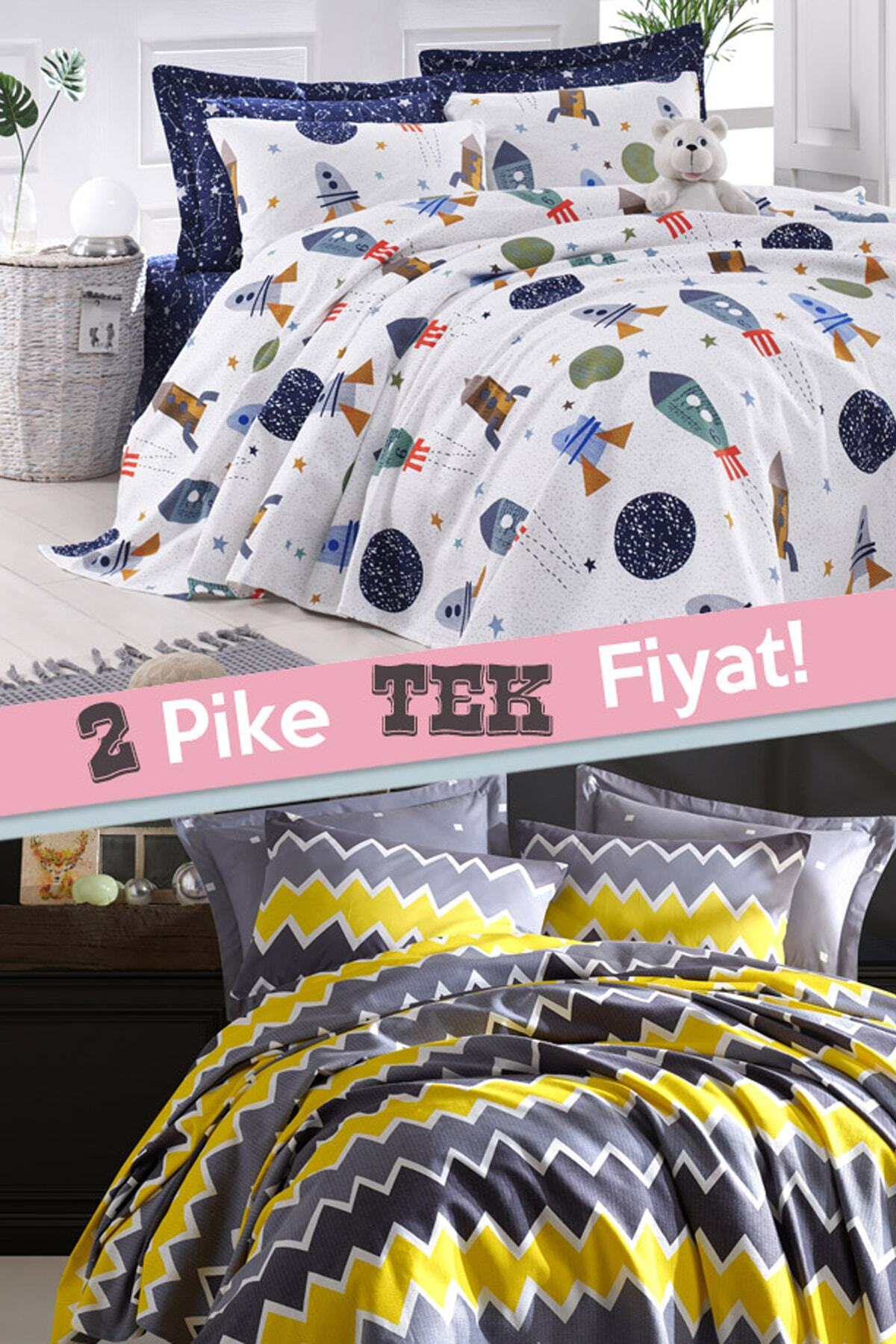 Enlora Home %100 Doğal Pamuk 2li Pike Örtü Tek Kişilik Spacex + Zigros