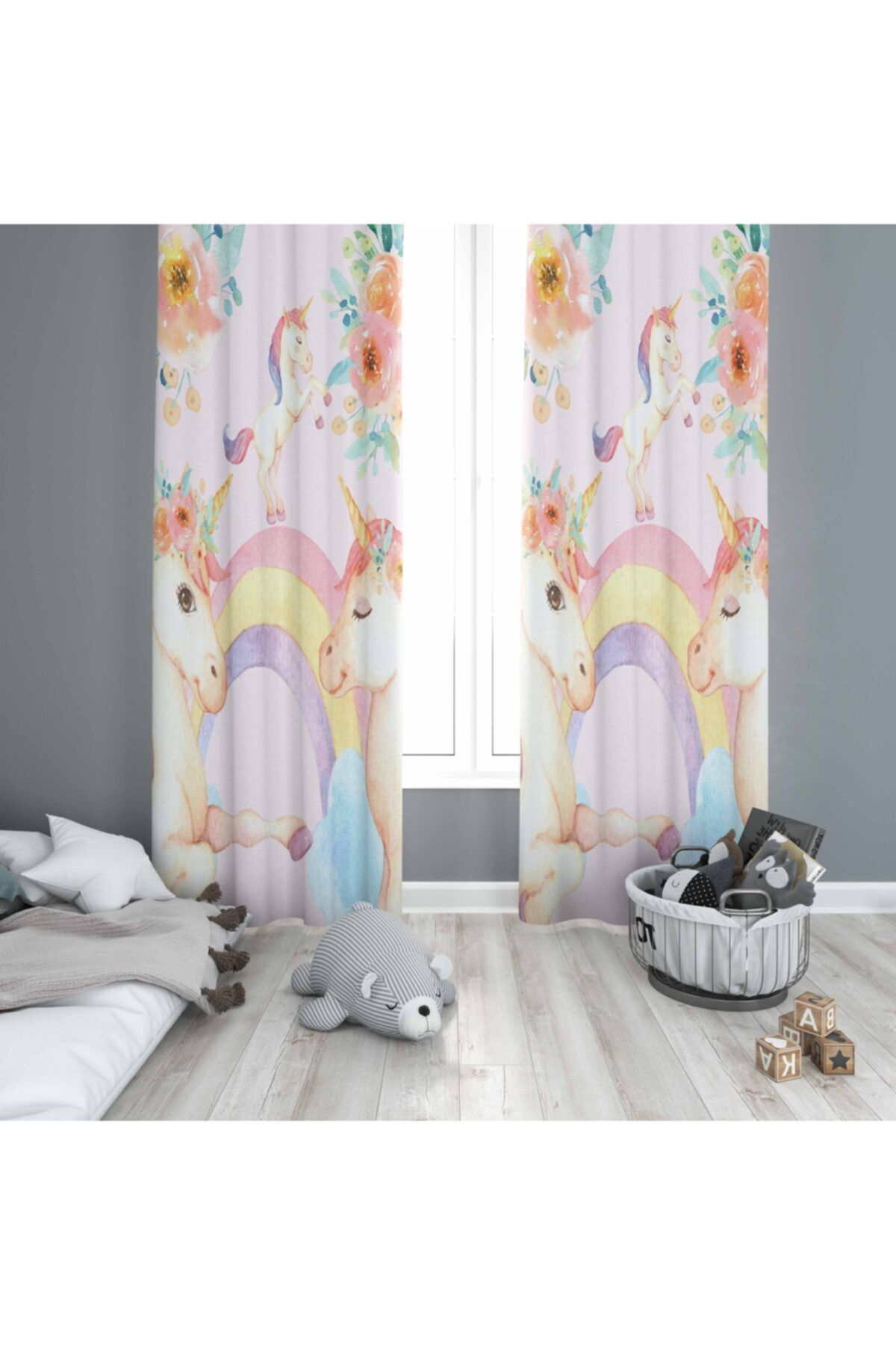 Osso Halı Osso Unicorn Pembe Atlar 3d Modern Çocuk Odası Fon Perde