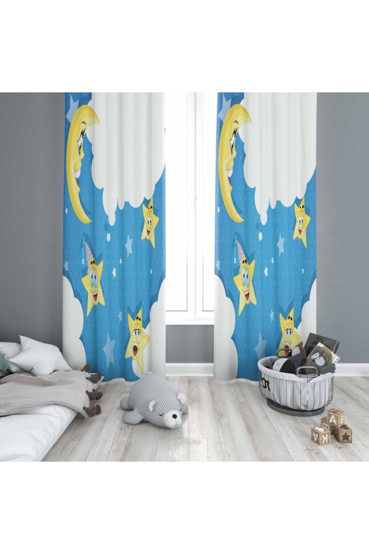 Osso Halı Osso Mavi Ay Dede Yıldız Bebek Çocuk Odası Modern 3d Desenli Fon Perde