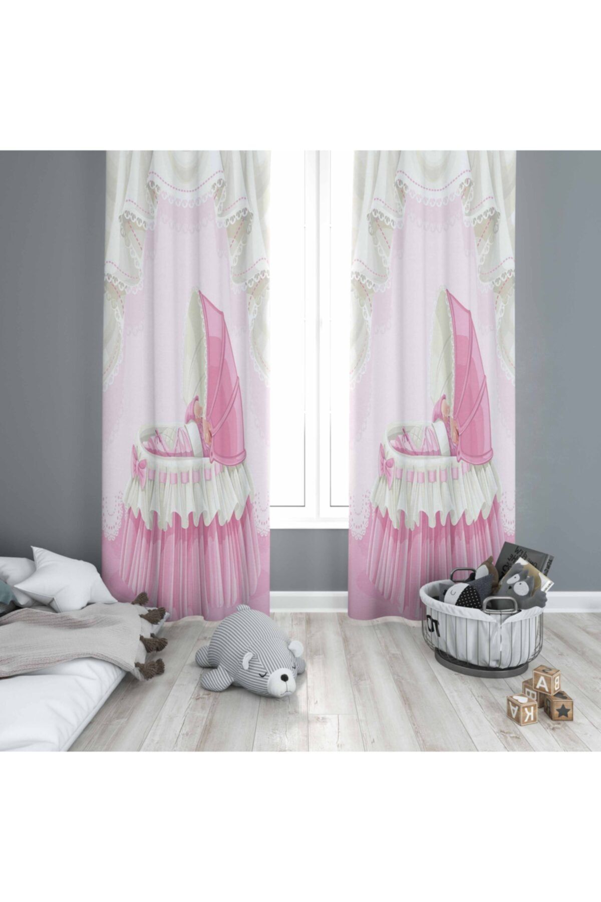 Osso Halı Osso Pembe Kız Beşikli Bebek Odası Modern 3d Desenli Fon Perde