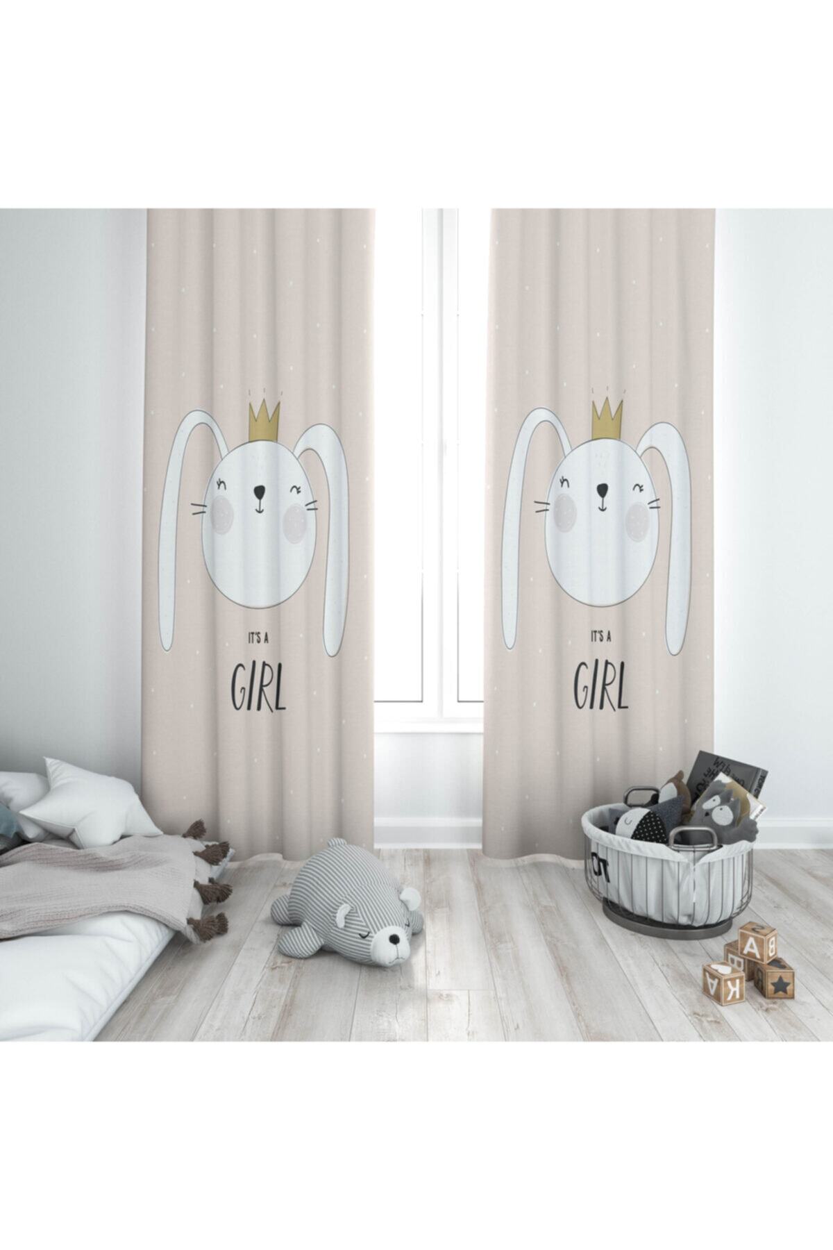 Else Halı Unisex Pembe Beyaz Taçlı Tavşan İskandinav Desenli Çocuk Odası Fon Perde