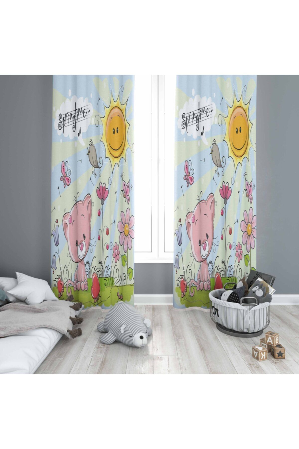 Else Halı Bebek Çocuk Odası Sevimli Kedi Modern 3d Desenli Fon Perde