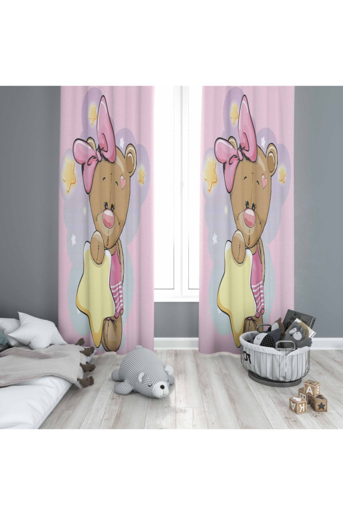 Else Halı Pembe Kız Ayıcık Bebek Çocuk Odası Modern Desenli Fon Perde