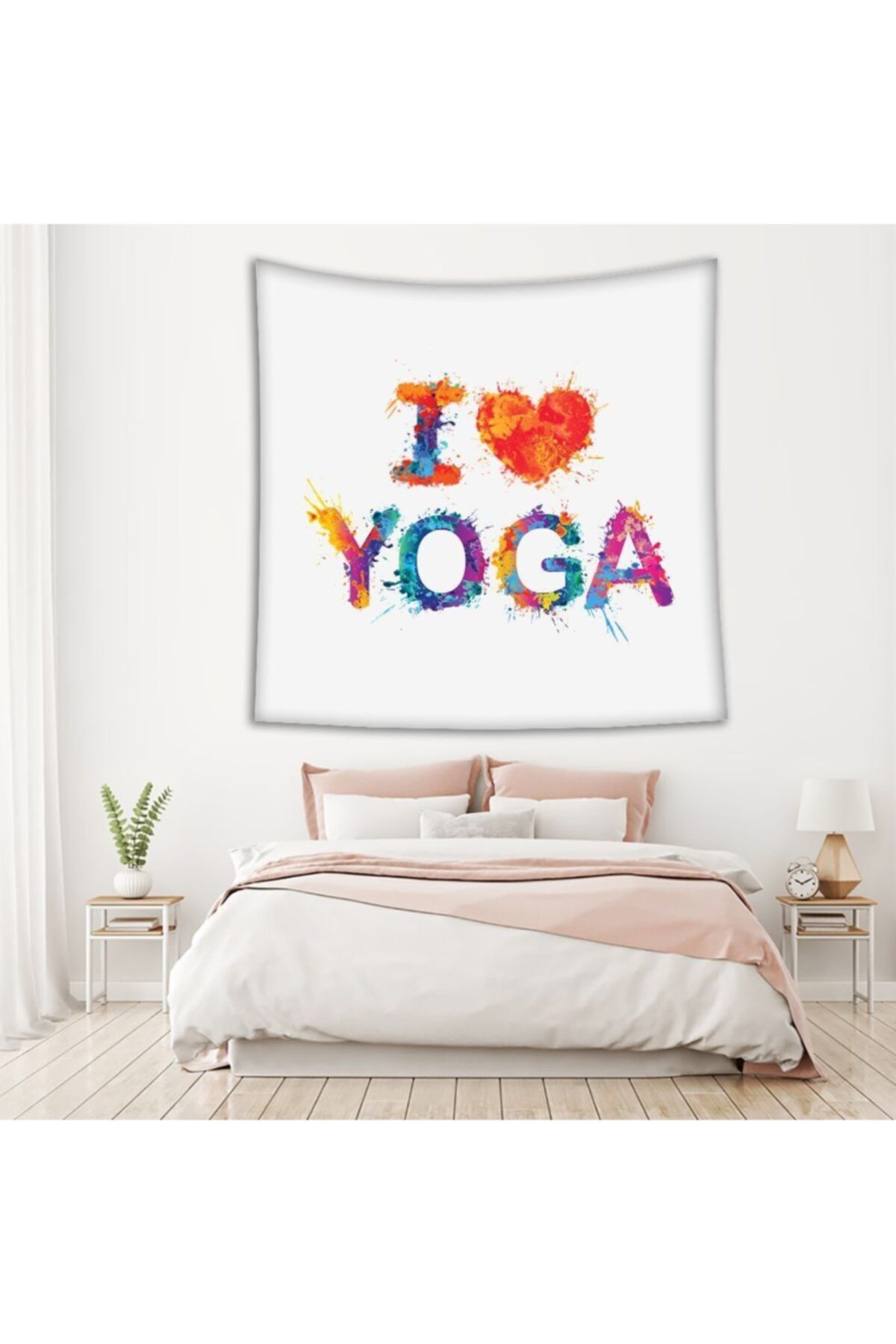 Henge Home Baskılı Duvar Örtüsü Yoga Sevgisi Yazı Kalp Desenli Mor Kırmızı