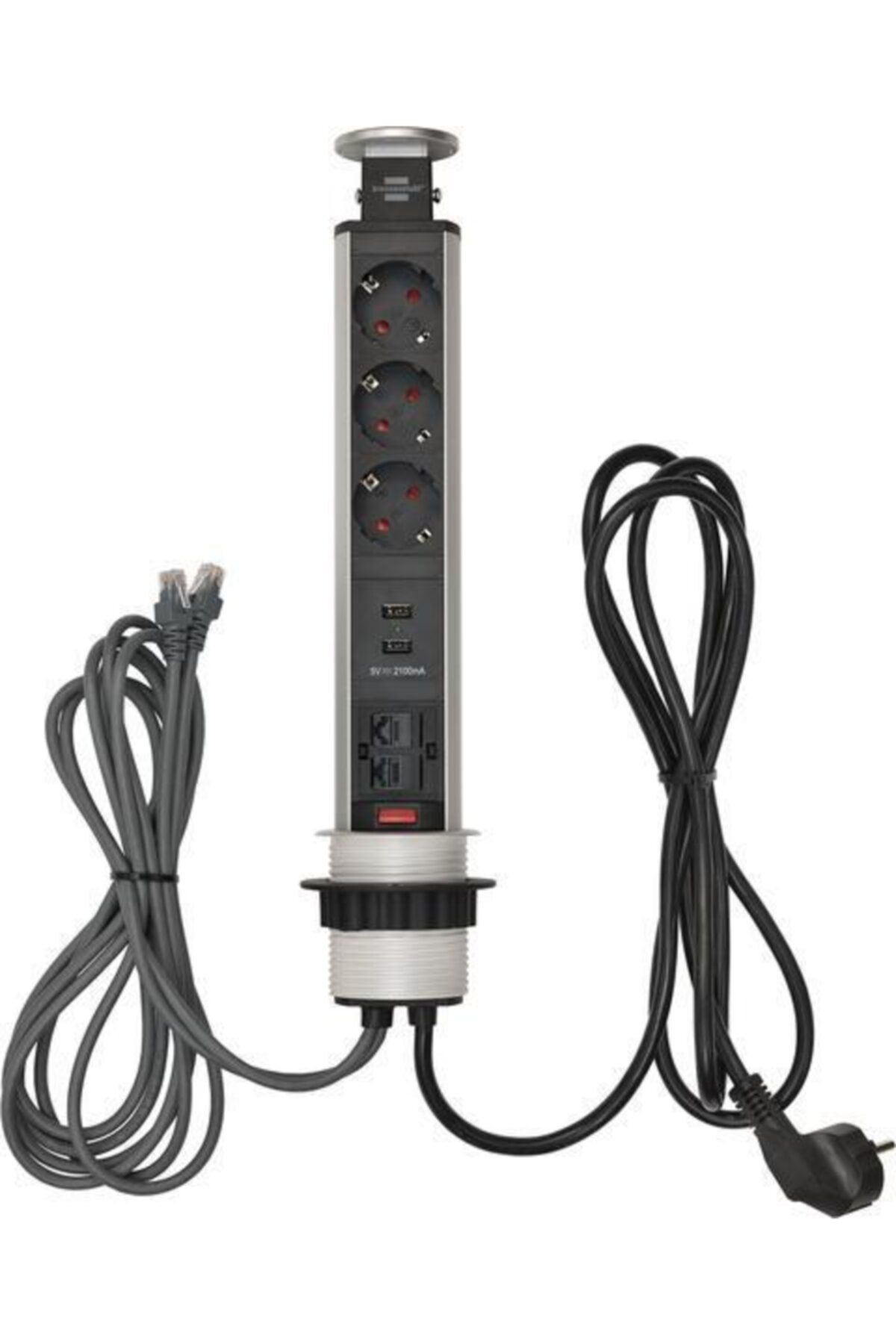 Brennenstuhl Asansör Masa Üstü 3 Soketli Usb Li Ethernet Girişli Priz