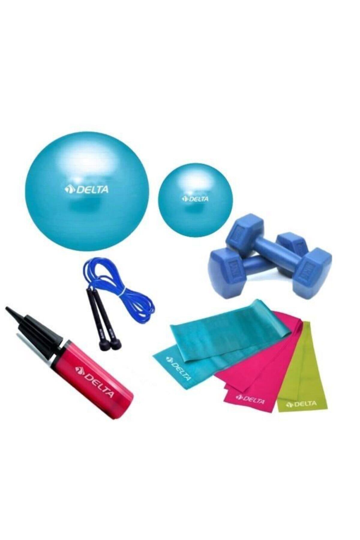 Delta 65-20 Cm Pilates Topu 3lü Bandı Atlama Ipi Dambıl Pompa Set