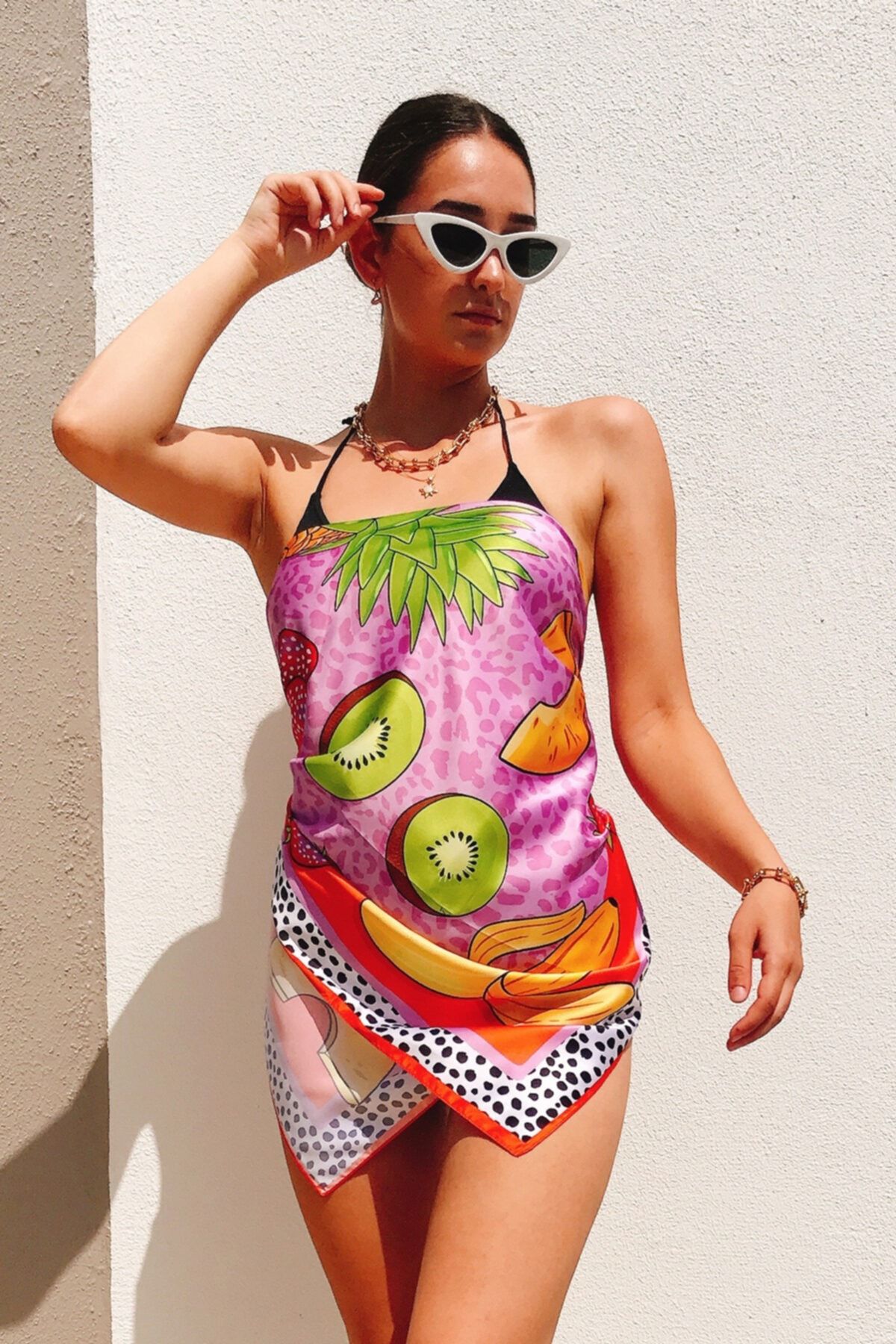 mağazacım Laloba Brand Tutti Frutti Saten Fular 100cm*100cm Elbise Pareo Saç Boyun Aksesuarı