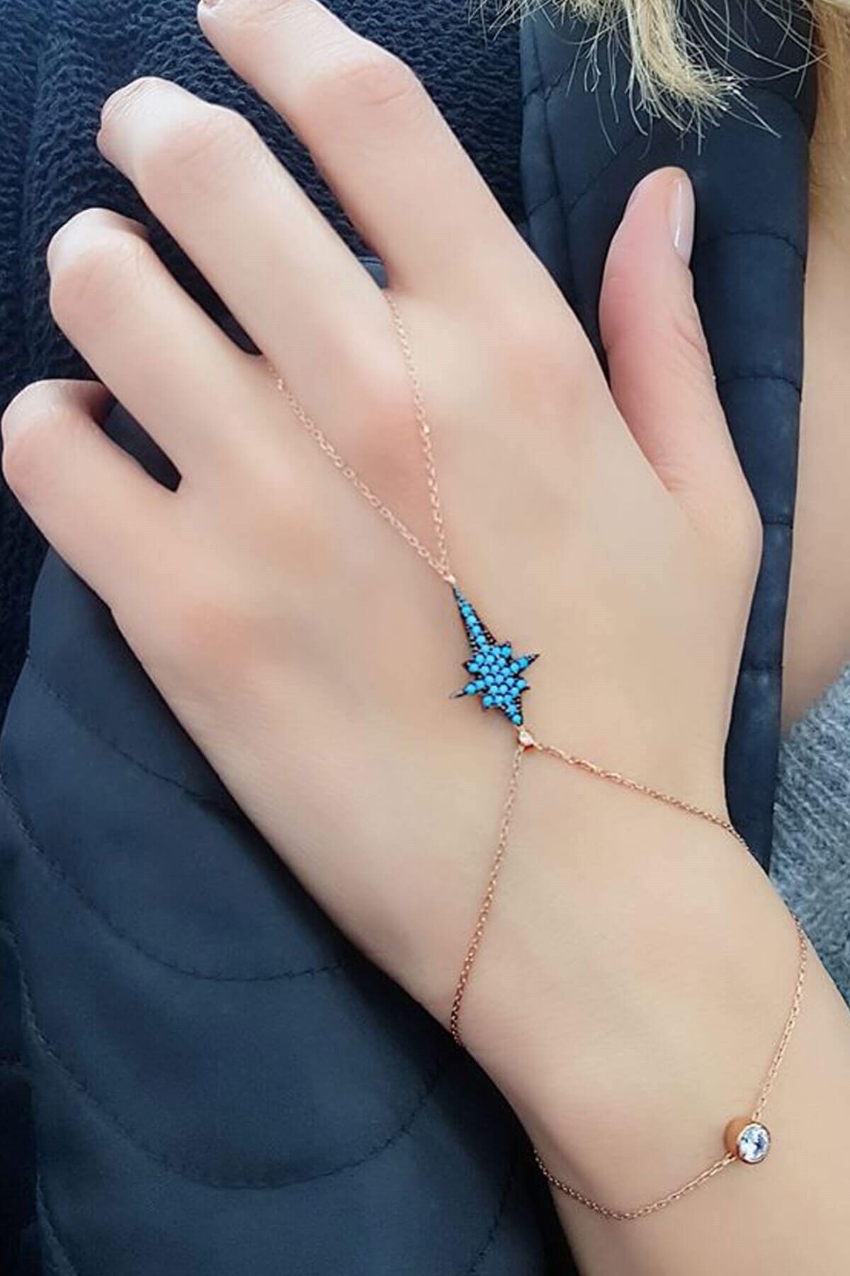 OSESHOP Gümüş Üzerine Rose Altın Kaplama Kutup Yıldızı Turkuaz Taşlı Şahmeran