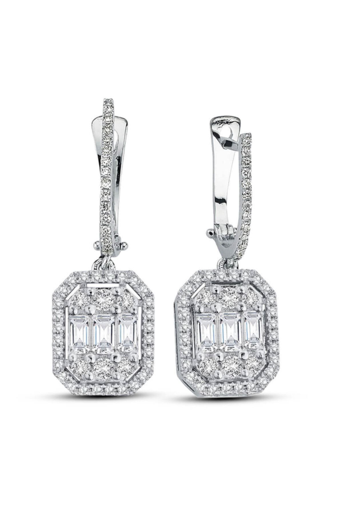 Lilarote Pırlanta Lilarote Modern Tasarım 1.50 Ct Baget Kare Tektaş Küpe 18 K