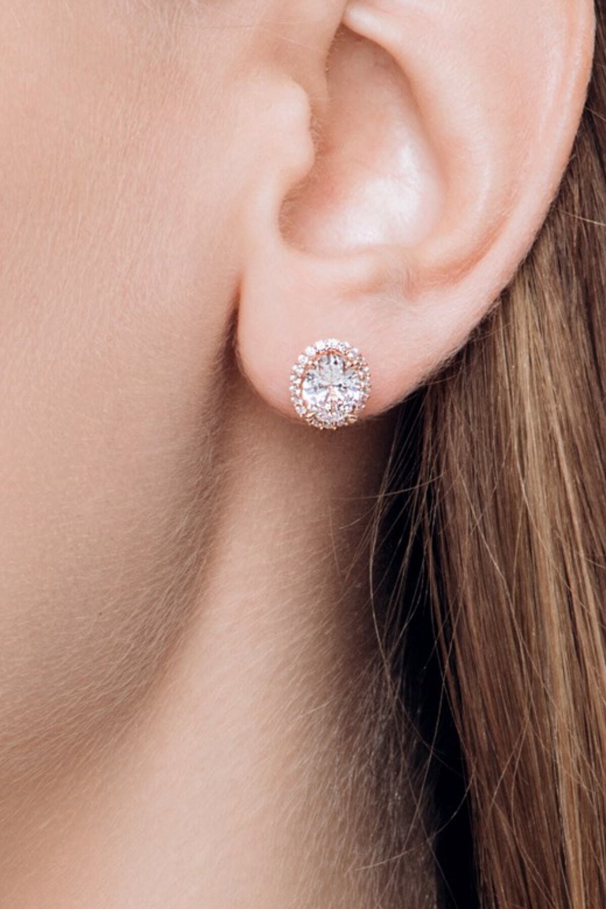 Crystal Diamond Zirconia Labaratuvar Pırlantası 1 Carat Oval Rose Tektaş Küpe