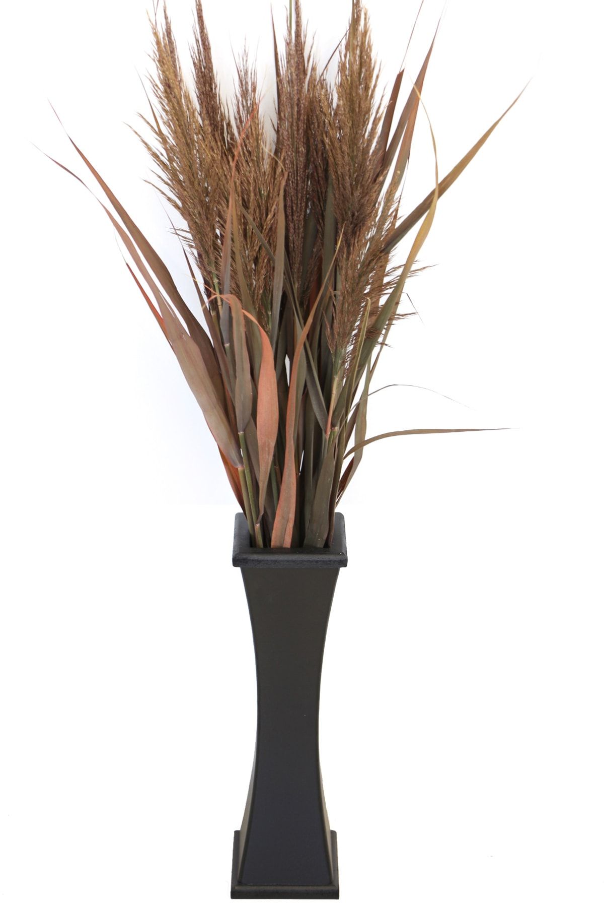 Yapay Çiçek Deposu Siyah Ahşap Vazo 50 cm + Kızıl Pampas 100 cm