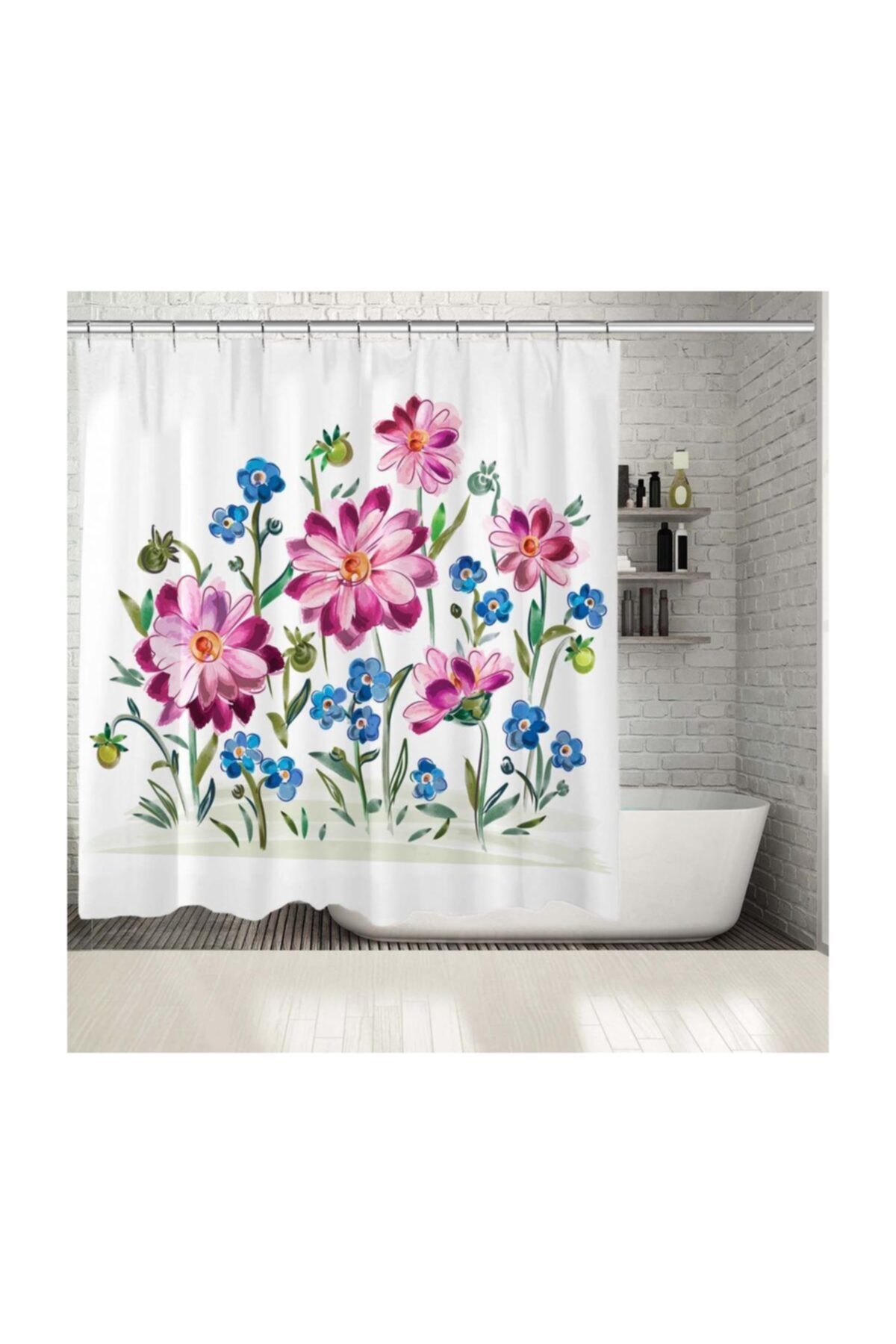 Henge Home Baskılı Duş Perde Sulu Boya Etkili Menekşe Çiçek Desenli Pembe