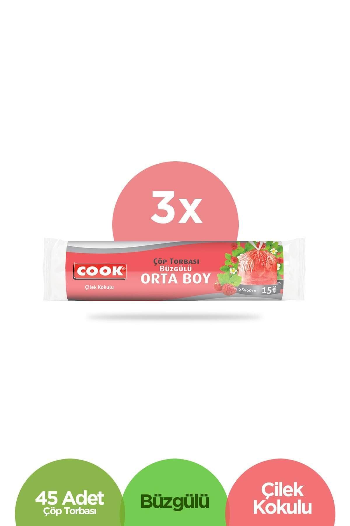 COOK 15'li Büzgülü Çöp Torbası Çilek Kokulu Orta Boy 55x60 CM 3'lü Paket