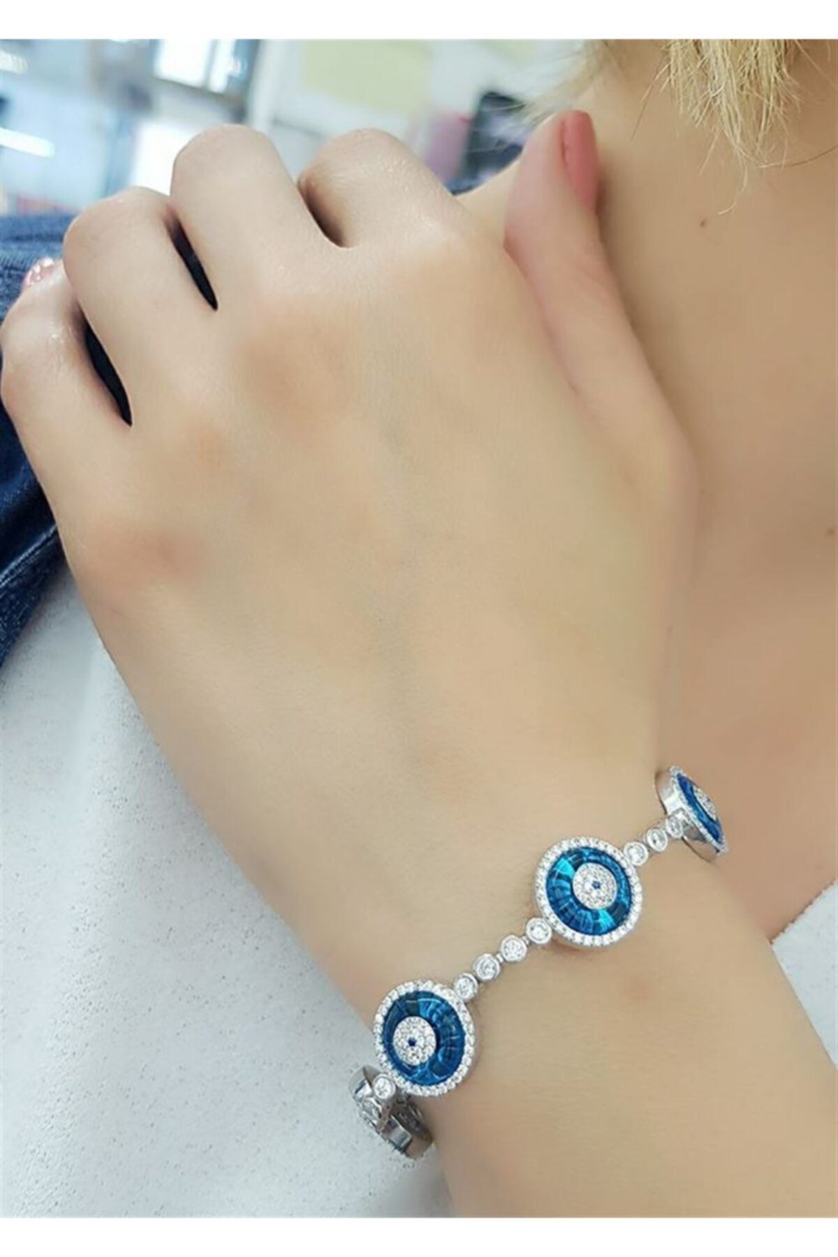 OSESHOP Beş Sıra Nazar Boncuklu İtalyan 925 Ayar Gümüş Bileklik