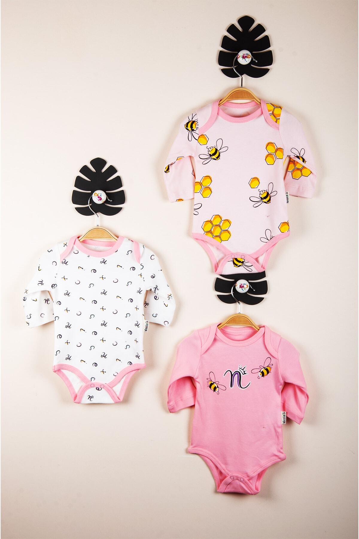 Kidstore Kız Bebek Arılı ve Bal Desenli 3lü Body Seti