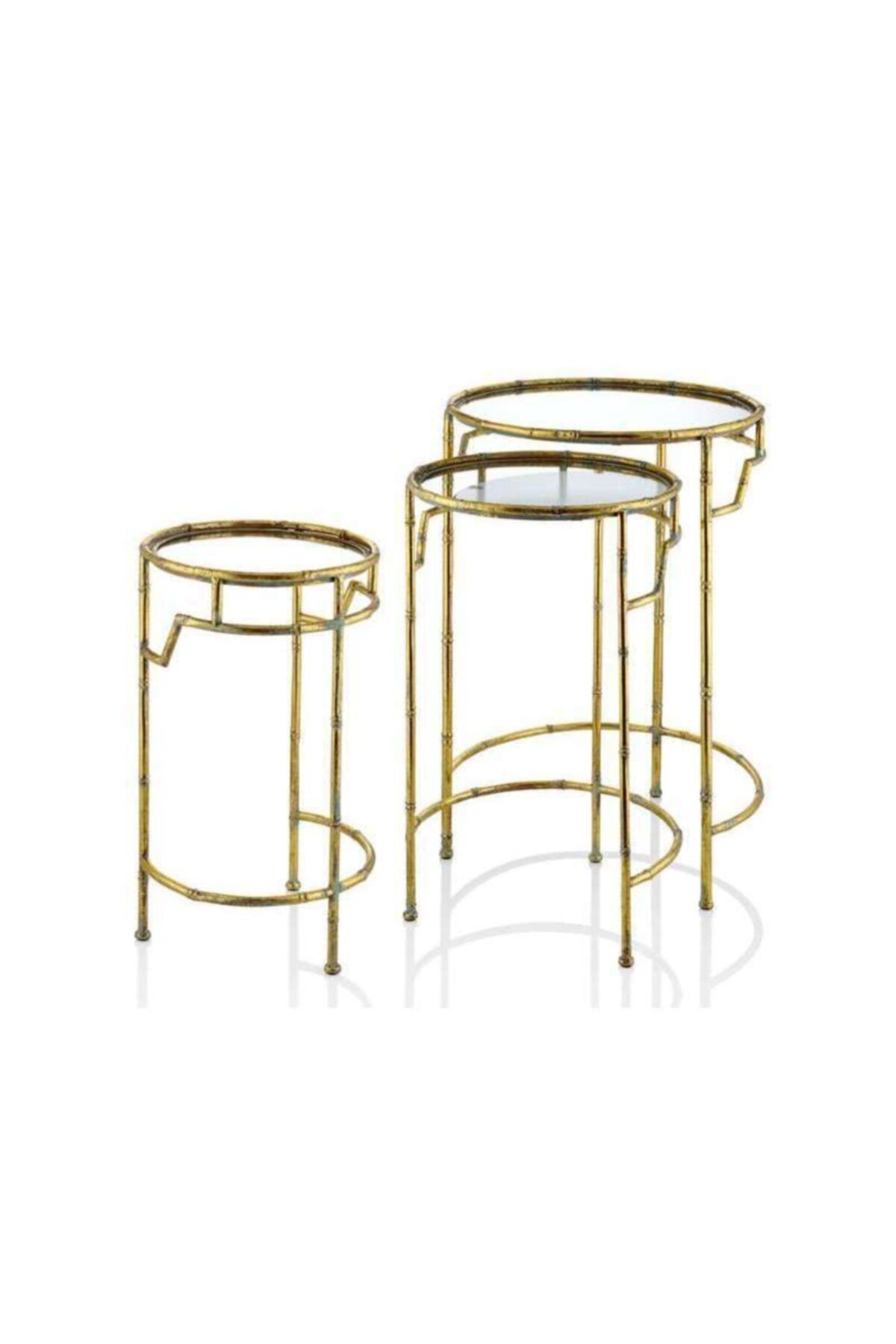 Cemile Rust Gold Bambu Görünümlü 3 Lü Sehpa Seti 75x68x58 Cm