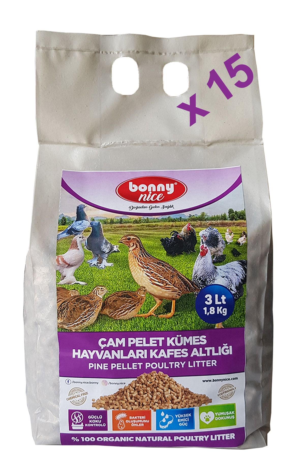 Bonny Nice Bıldırcın Güvercin Süs Tavukları Kafes Altlığı 1.8 kg 3 L x 15 Paket