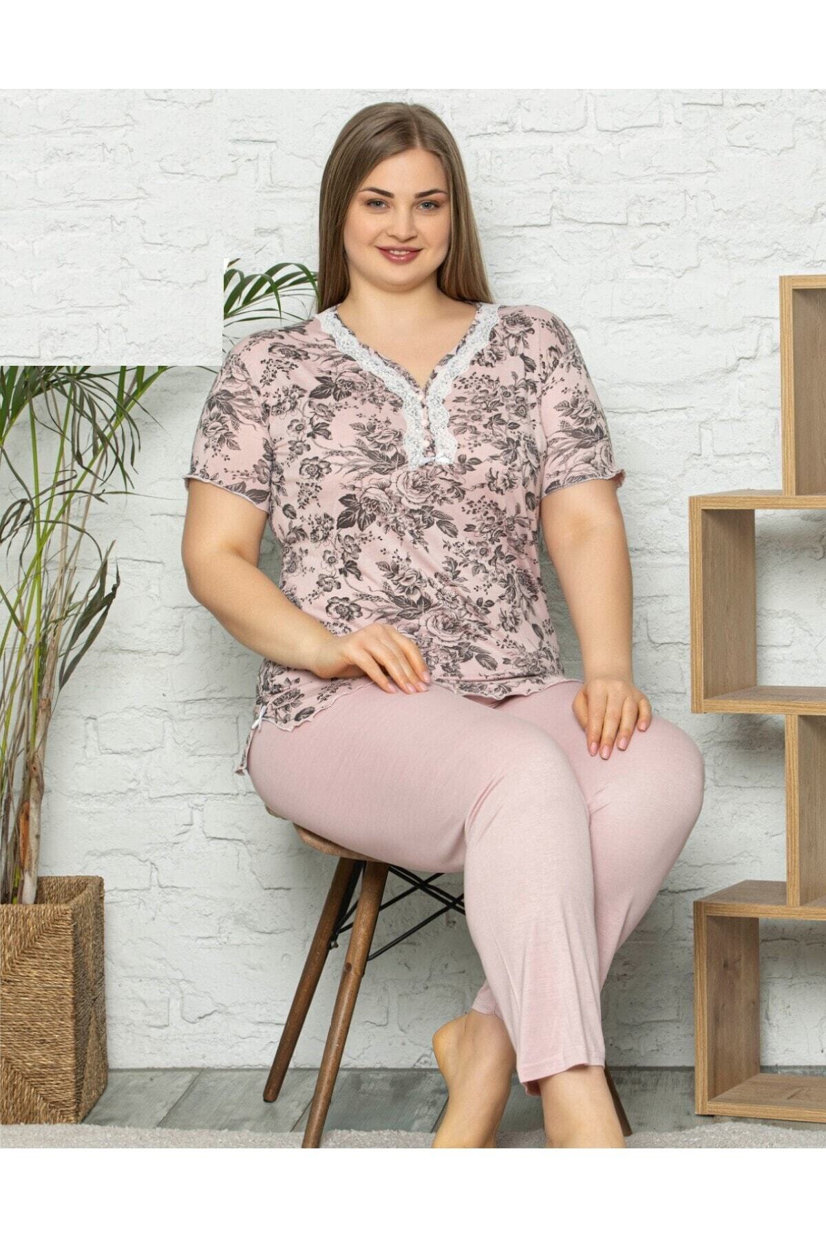 Pijamanya Kadın Pudra Büyük Beden Çiçek Desenli V Yaka Viskon Pijama Takımı