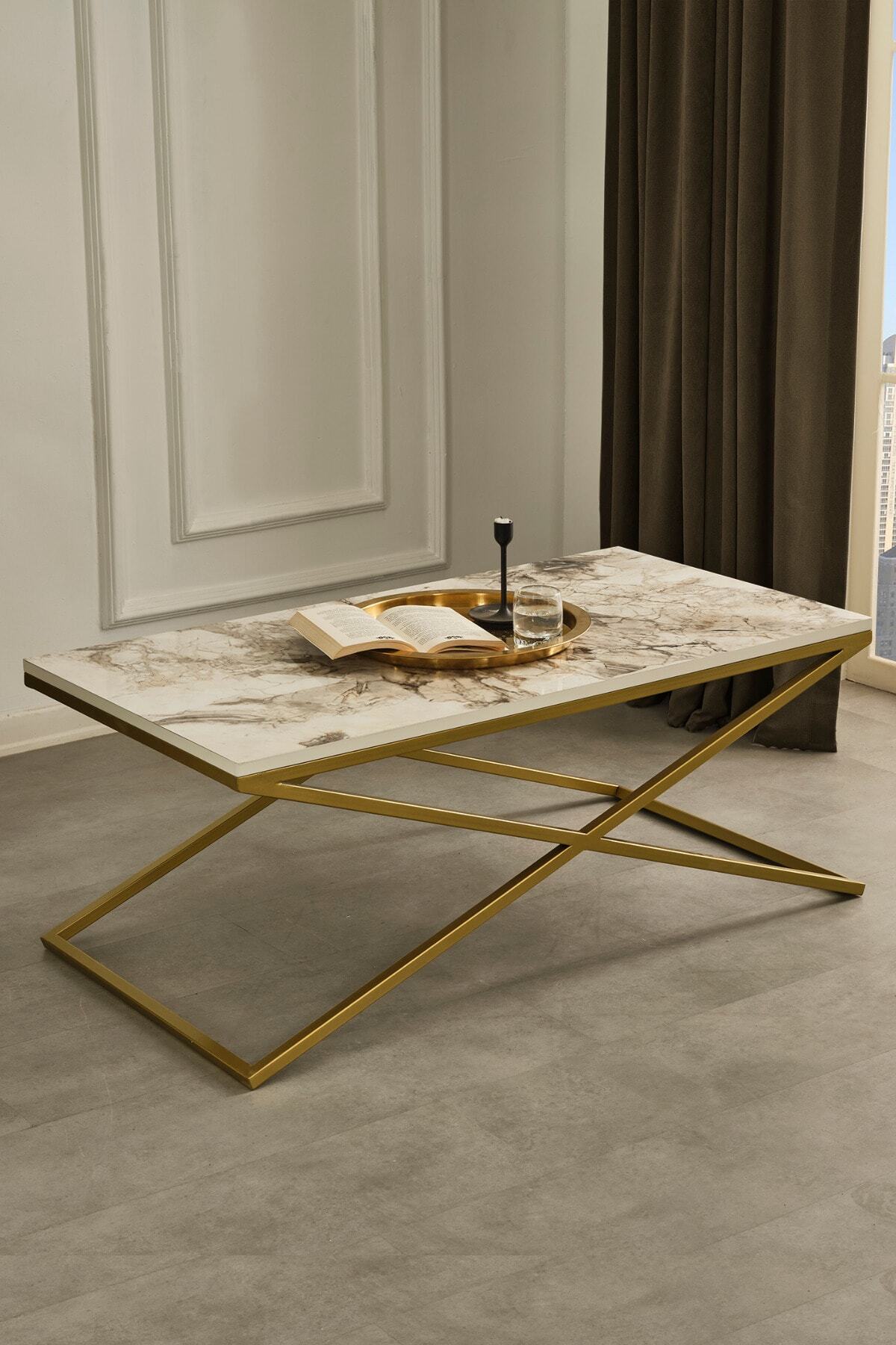 Mobievim Venedik Gold Metal Ayaklı Mermer Desenli Orta Sehpa