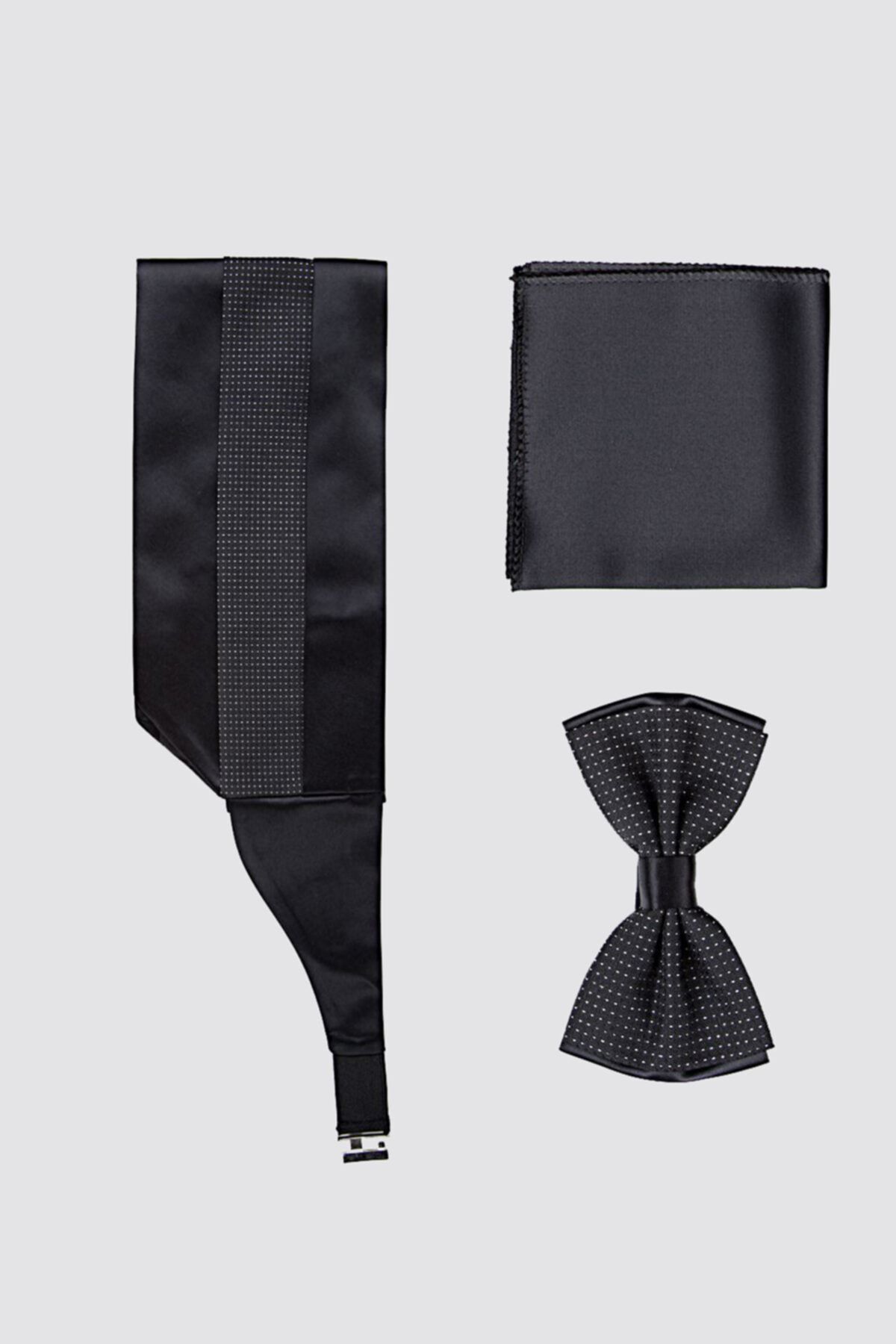 D'S Damat Siyah Düz Kusak-papyon-mendil Set