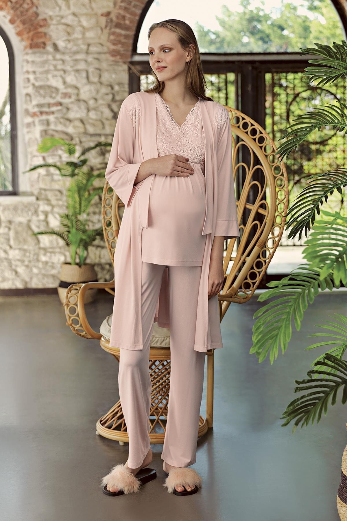 Artış Pudra Viskon Lohusa 3'lü Sabahlık Pijama Takımı-10301-1