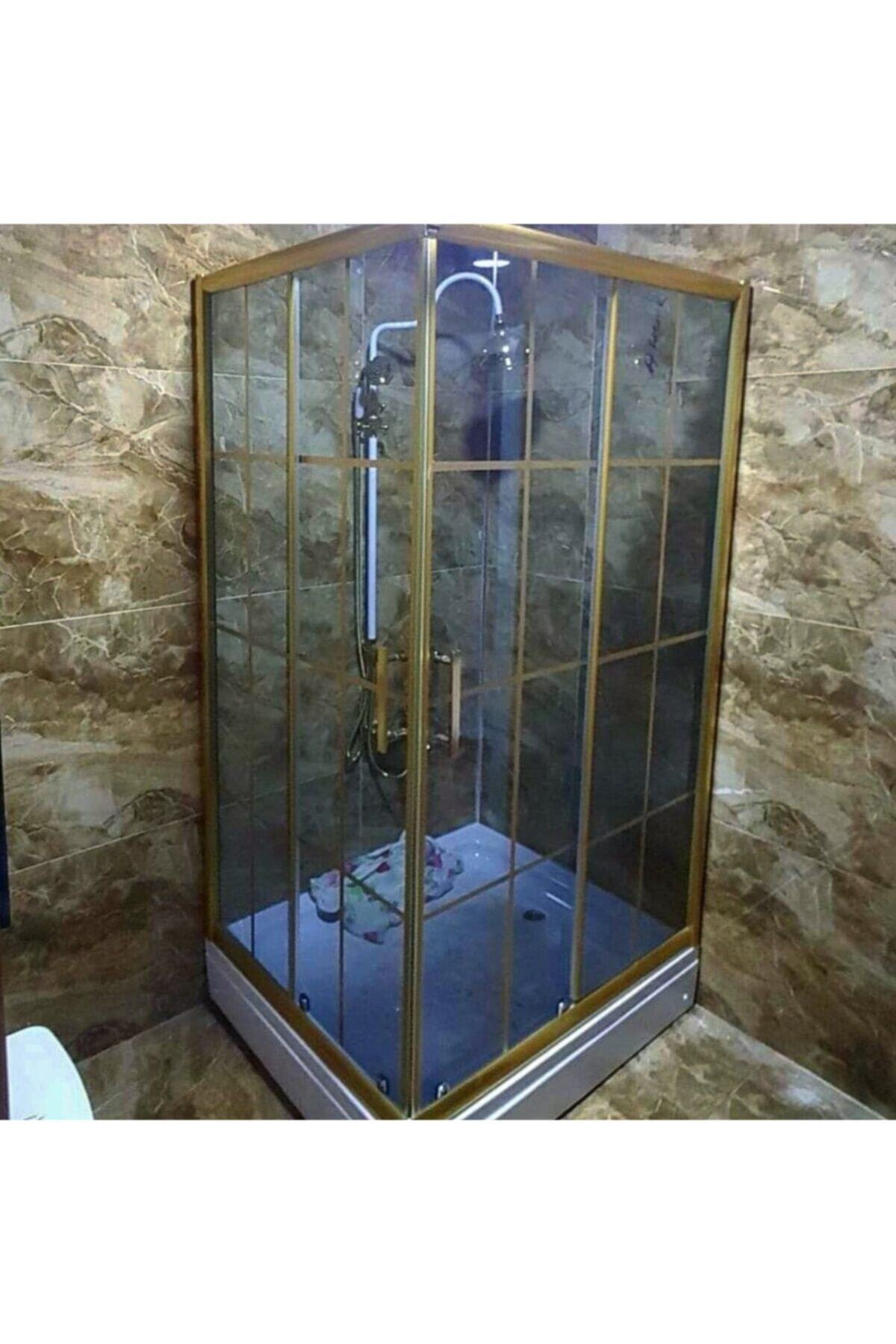 ÖZELDUS Özelduş 90x90 Cm Köşe Gold Profil Çizgili Füme Cam Duşakabin..teknesiz