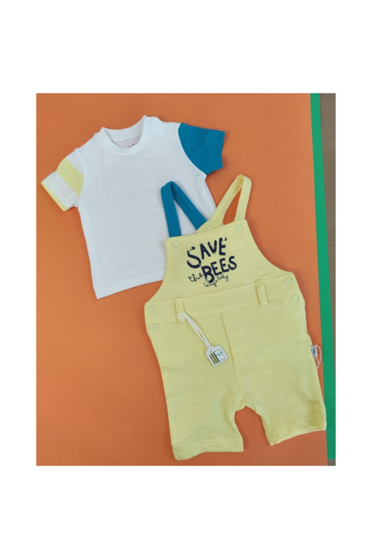 Pink Moon Kids Erkek Bebek Sarı Petrol Mavisi Salopet Takım