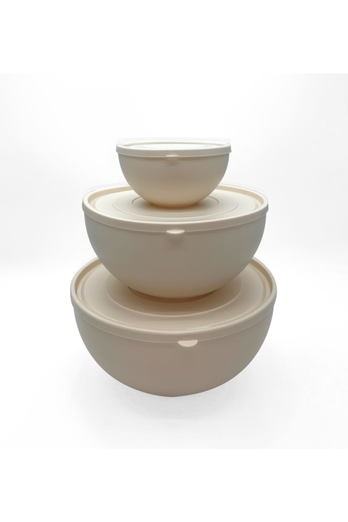 Melkan Home Kapaklı Yuvarlak Kase 3'lü Set Krem Renk (0,6l + 2,5l + 4l)