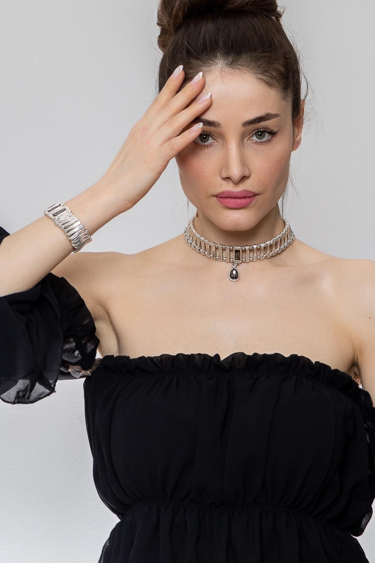 ZeyDor Accessories Zeydor Kristal Safir Taşlı Modern Kolye Set