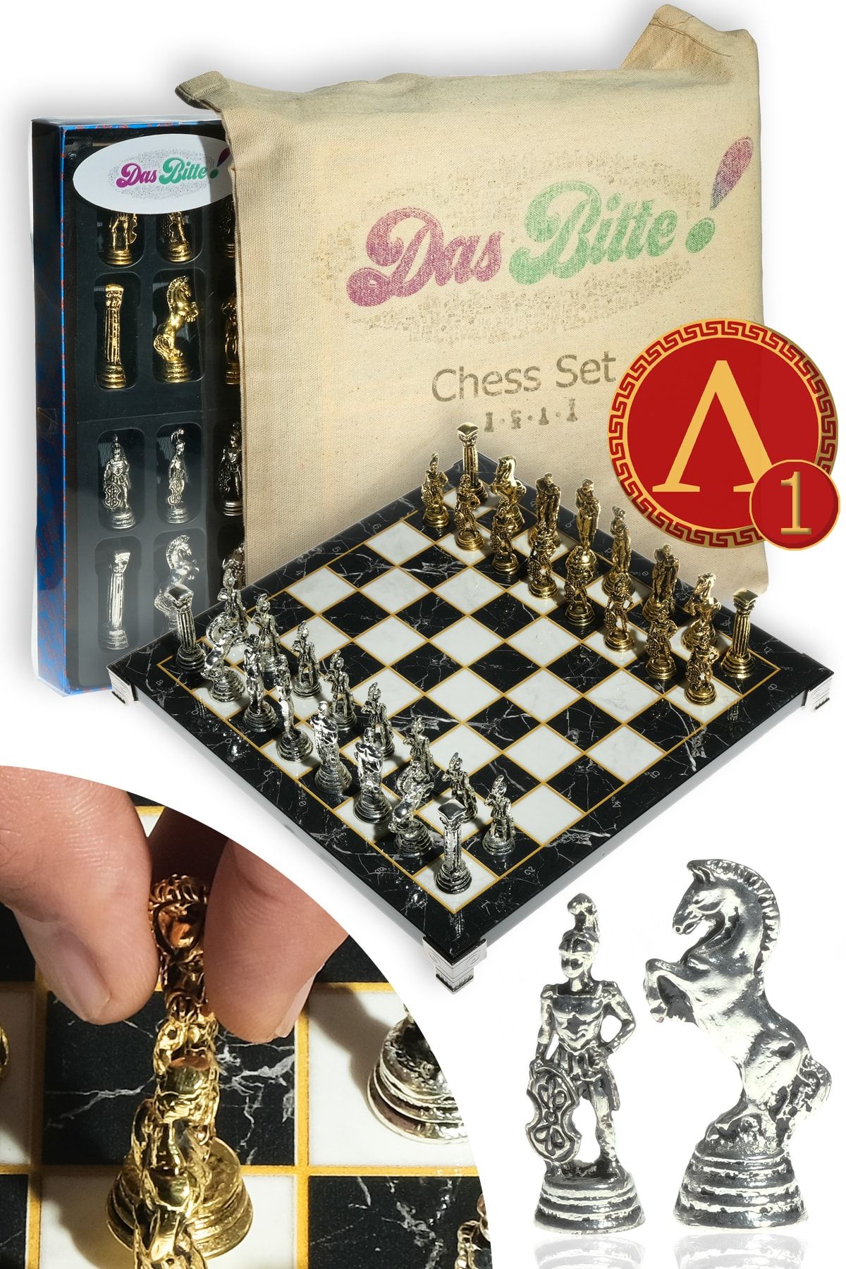 Das Bitte Sparta Aspis Figürlü (27cm X 27cm) Krom Döküm Mermer Kaplama Satranç Seti Takımı