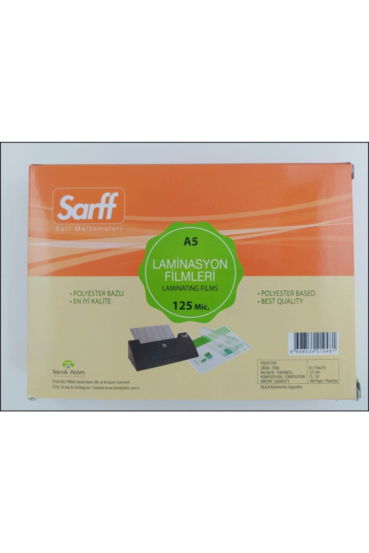 SARFF Laminasyon Filmi A5 125 Micron Parlak Polyester 100 Adet (1 Paket)