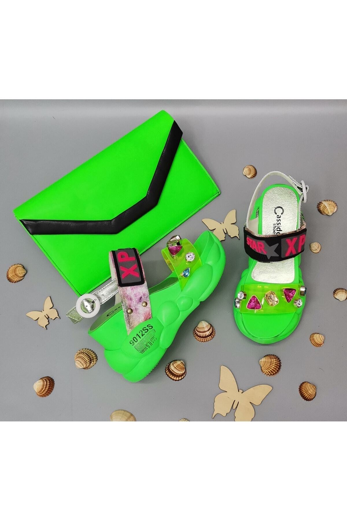 CassidoShoes Platform Topuklu Anatomik Taban Taşlı Neon Yeşil Kadın Sandalet Ve Çanta Kombin