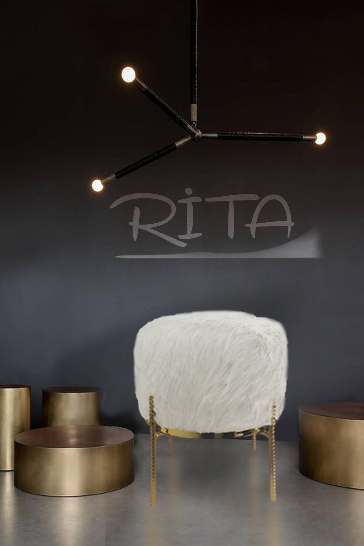 Zem Rita Beyaz Peluş Gold Metal Ayaklı Puf