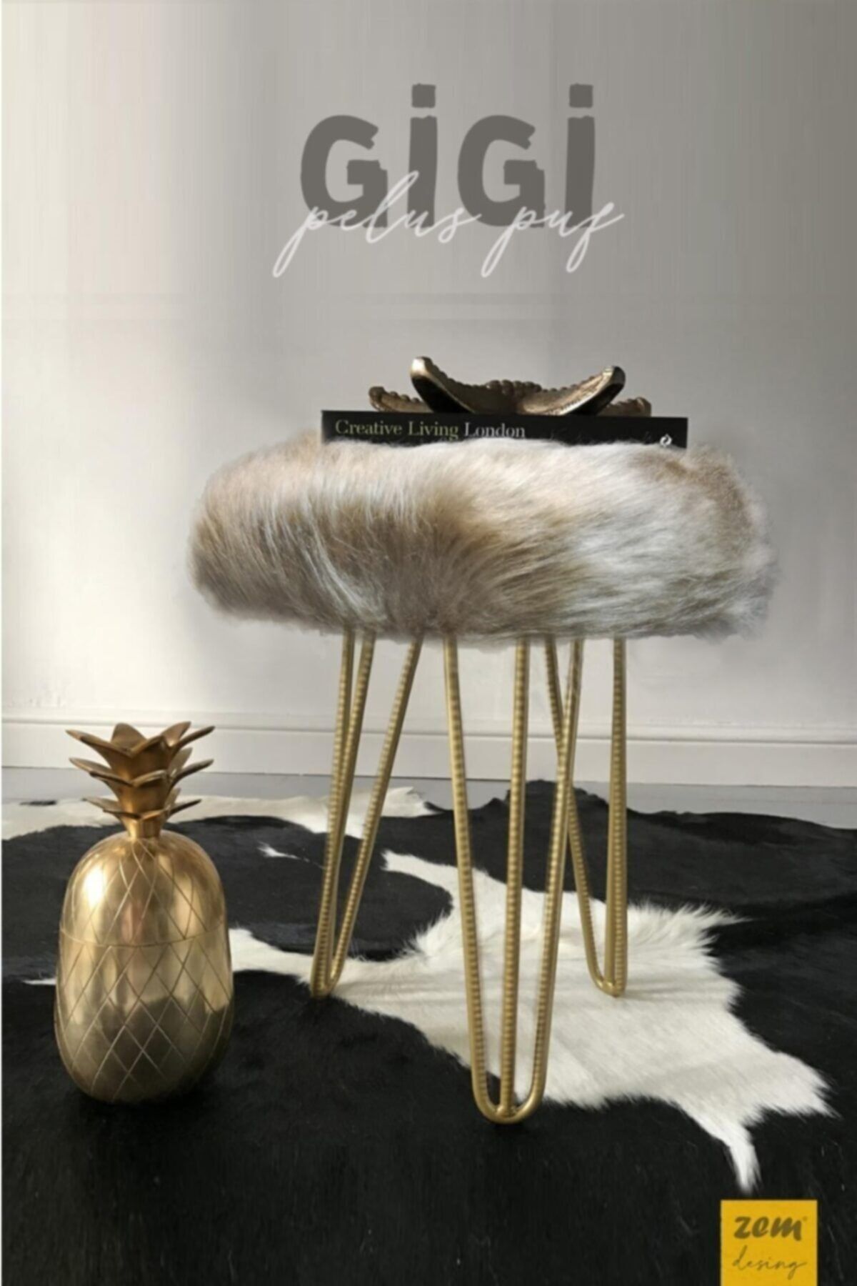 Zem Gigi Vizon Peluş Gold Ayaklı Puf