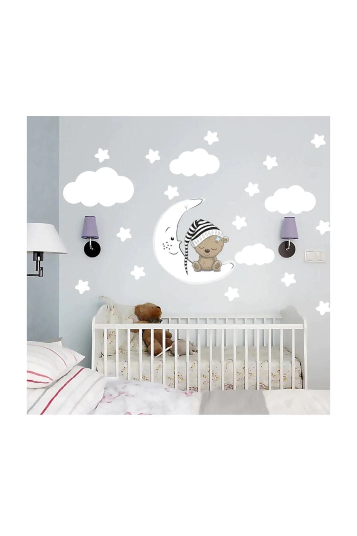 KT Decor Uyuyan Ayıcık, Yıldız, Bulut Set Bebek Çocuk Odası Duvar Sticker
