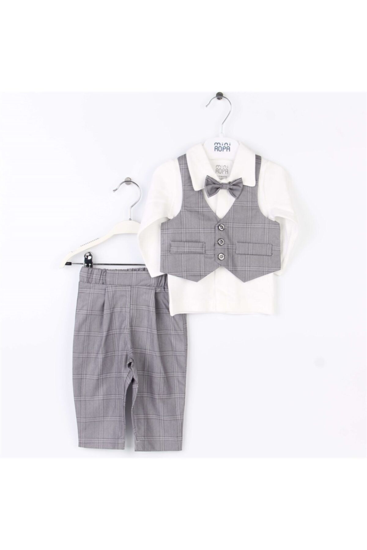 Mini Ropa Yelekli Erkek Bebek Takım Büyük Kareli Gri