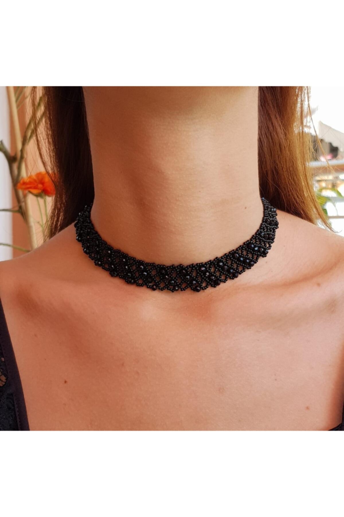 Handmade By HLY Jadın El Yapımı Kristal Taş Detaylı Siyah Choker Kolye