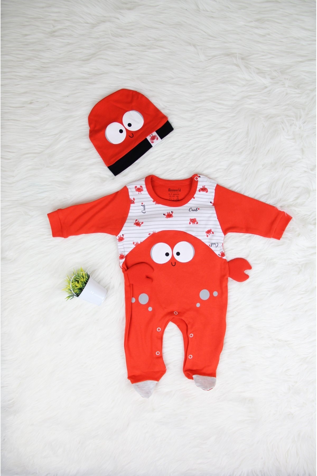 PumpkinKidsWear Yengeç Desenli Şapkalı Alttan Çıtçıtlı Bebek Tulum / Uyku Tulumu ( 0-12 Ay )