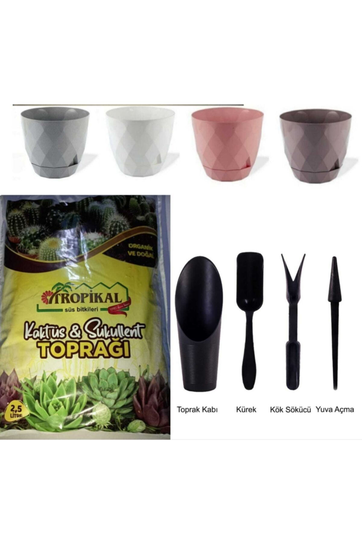 TROPİKAL Sword Kaktüs&sukulent Toprağı Kaktüs Dikim Seti Ve 4 Adet 0 No 0,30lt. Yakamoz Saksı