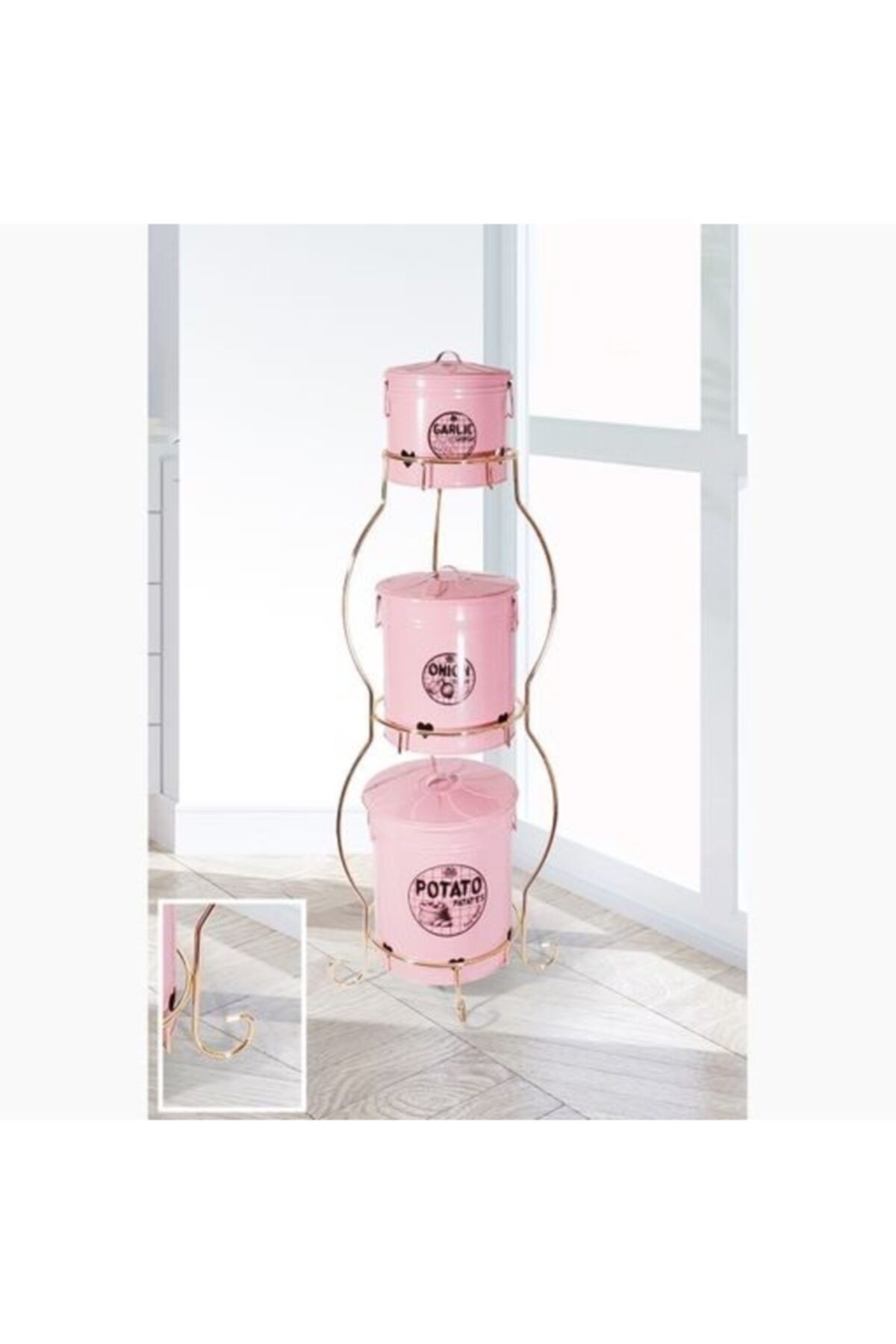 ZARİF SHOP Gold Telli 3 Katlı Patates Soğan Sarımsak Seti Pembe