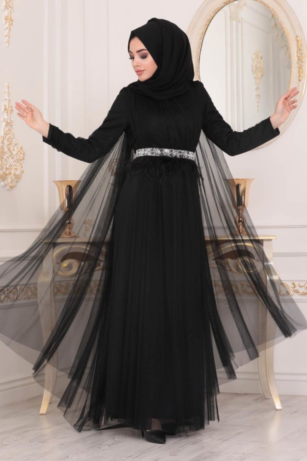 Neva Style Tesettürlü Abiye Elbise - Pelerinli Siyah Tesettür Abiye Elbise 3906s