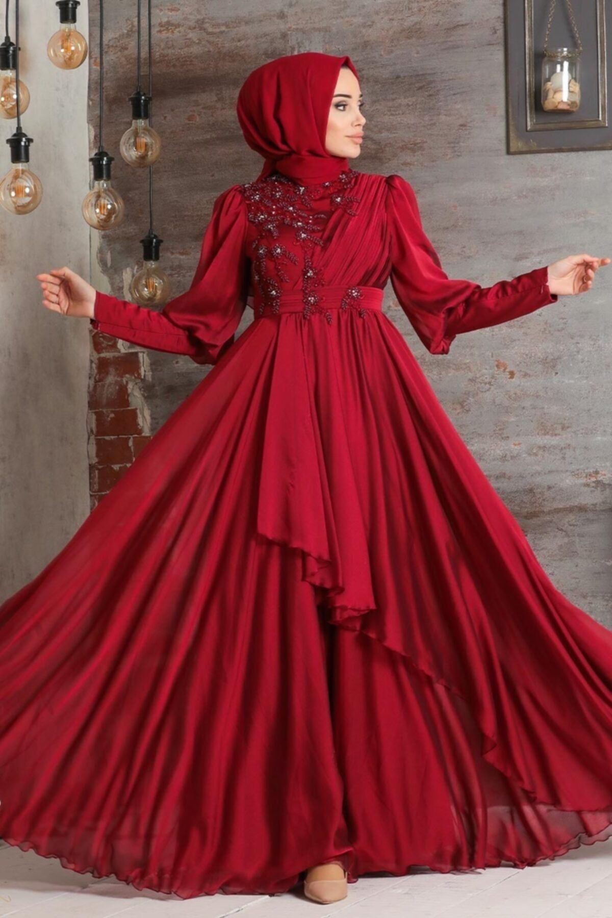 Neva Style Tesettürlü Abiye Elbise - Inci Detaylı Bordo Tesettür Abiye Elbise 21930br