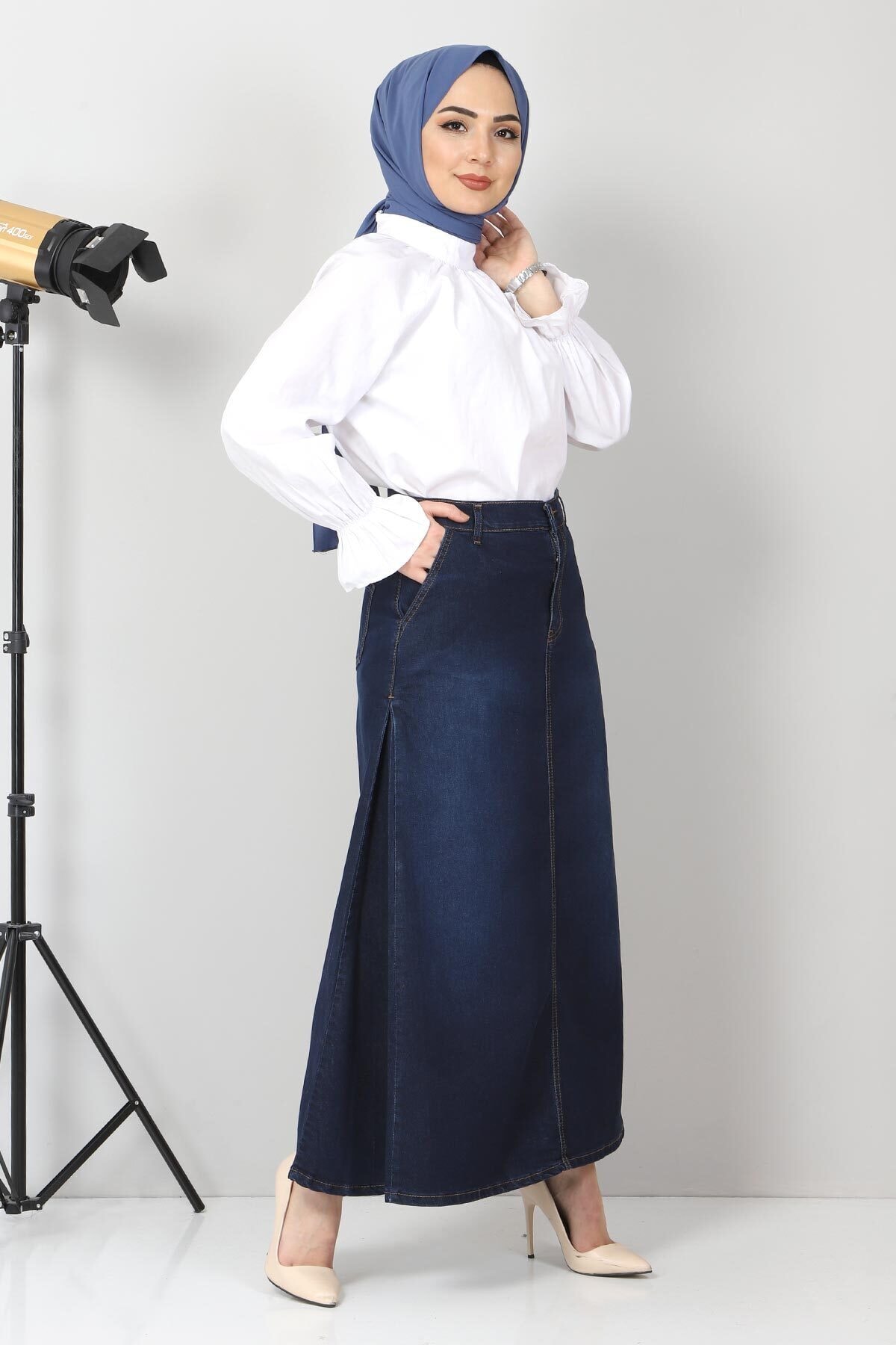 Tesettür Dünyası Yandan Pileli Kot Etek Tsd22036 Koyu Mavi