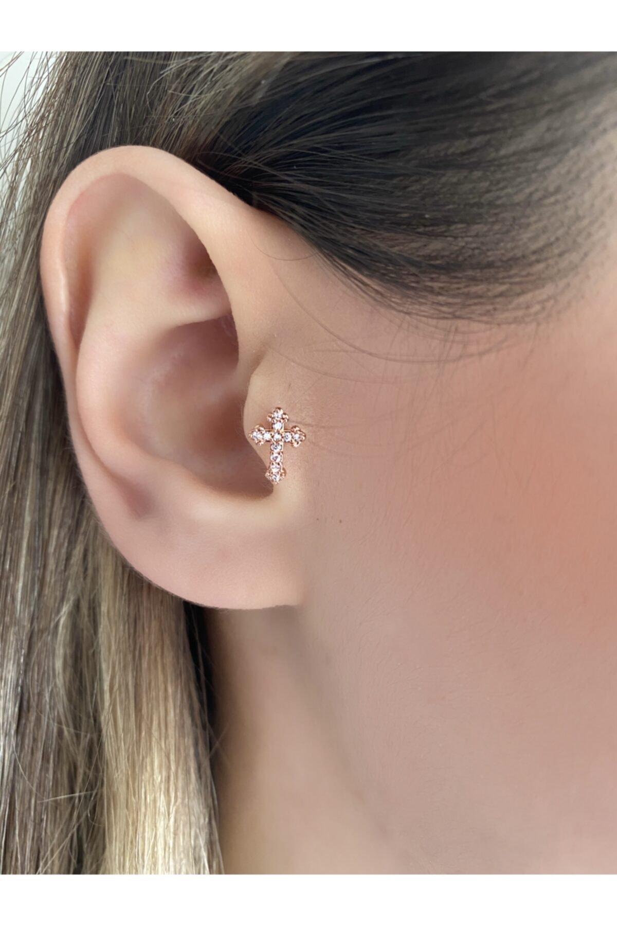 Okkostore Cerrahi Çelik Rose Rengi Haç Tragus Kıkırdak Piercing 6mm