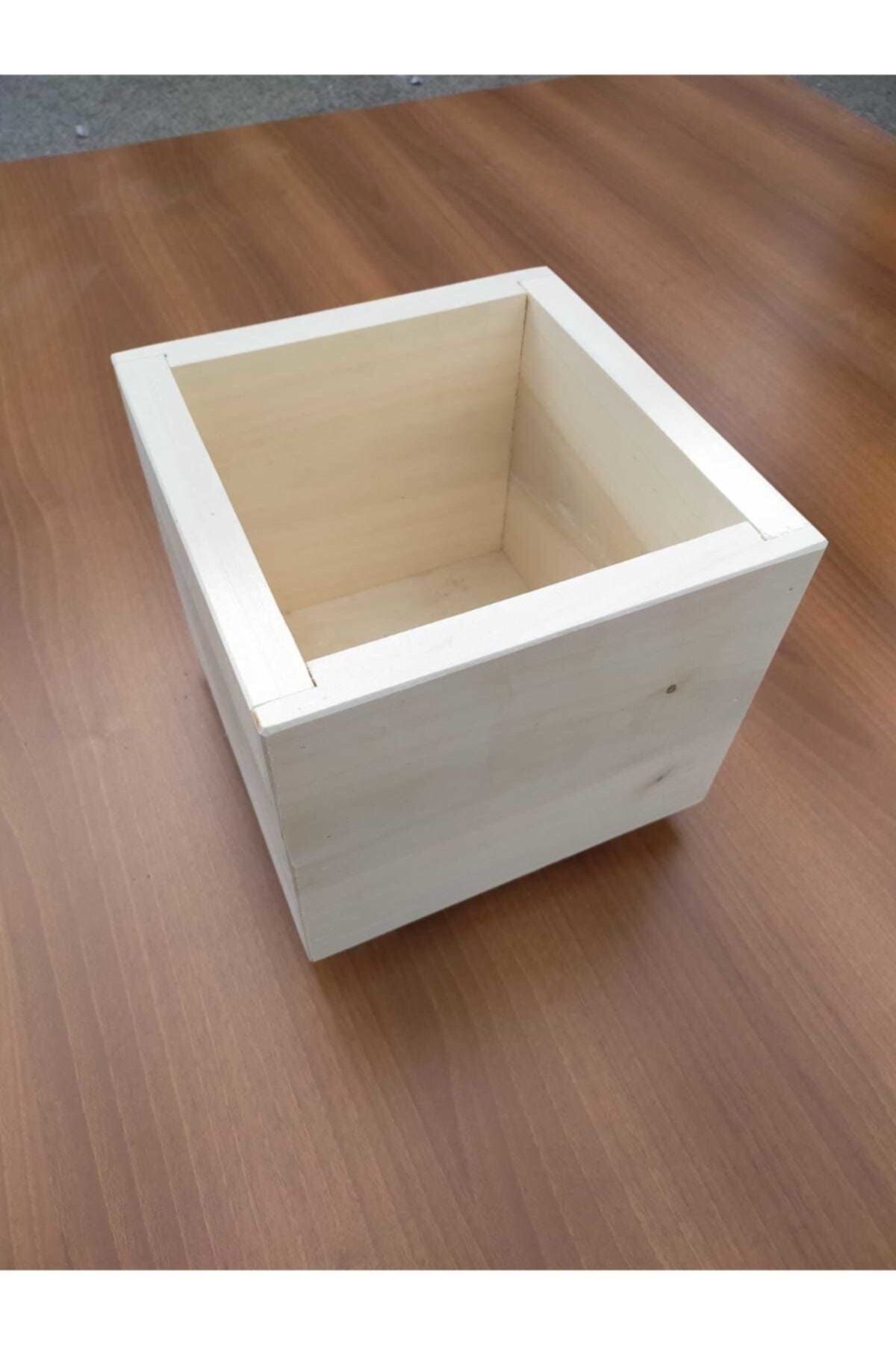 NUR AHŞAP Beyaz Ahşap Dekoratif Çiçek Saksısı 25 cm x 25 cm