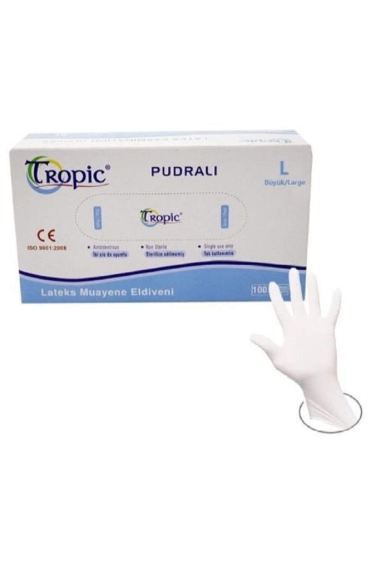 Tropic Lateks Pudralı L Beden Muayene Eldiveni - Temizlik Eldiveni - (1 Kutu / 1 X 100 Adet)